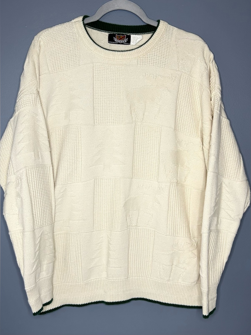 Vintage Brimwick Sweater Mens XL Off White Moose Tree Forest Knit Crew Made USA